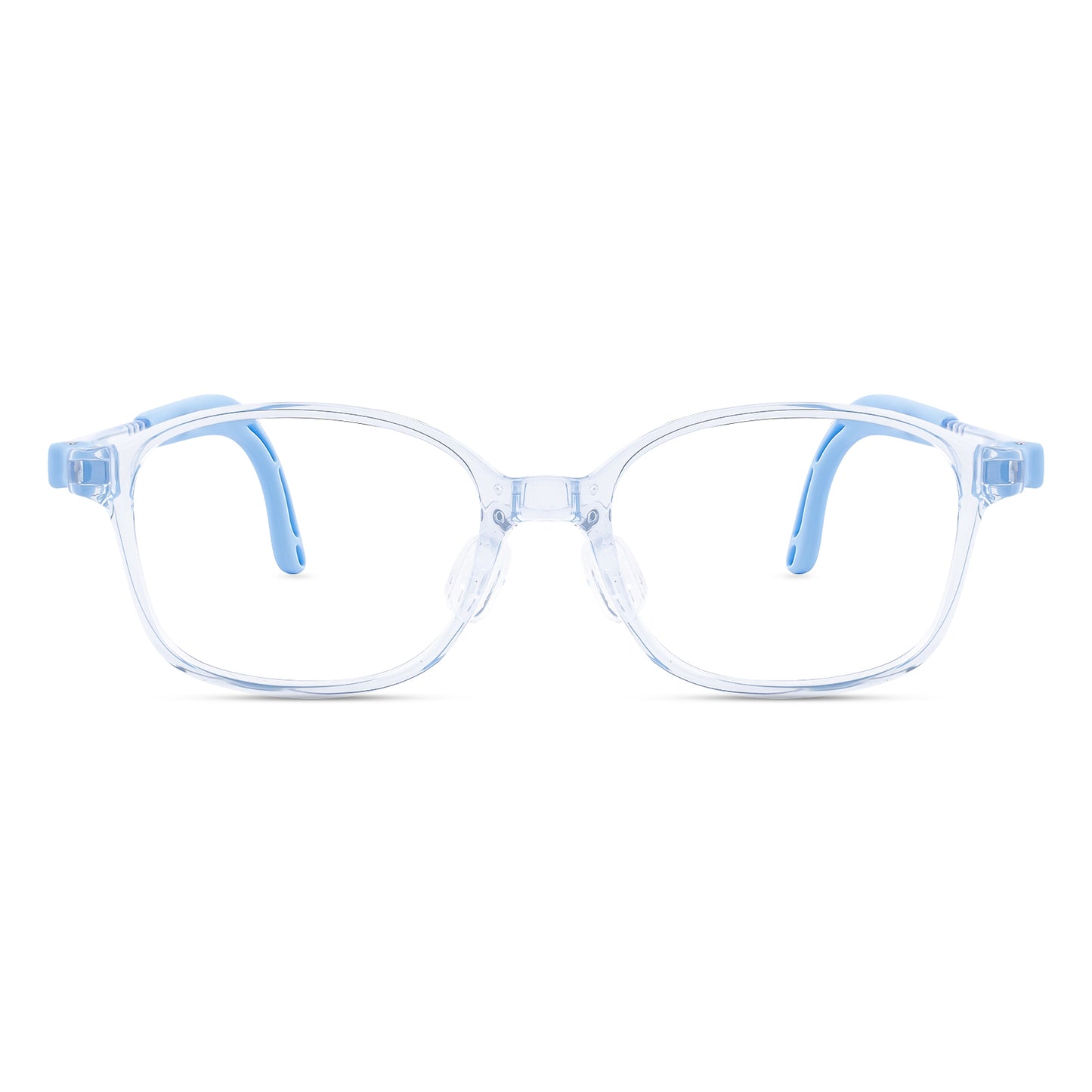 Lulu clear blue kids glasses front frame detail