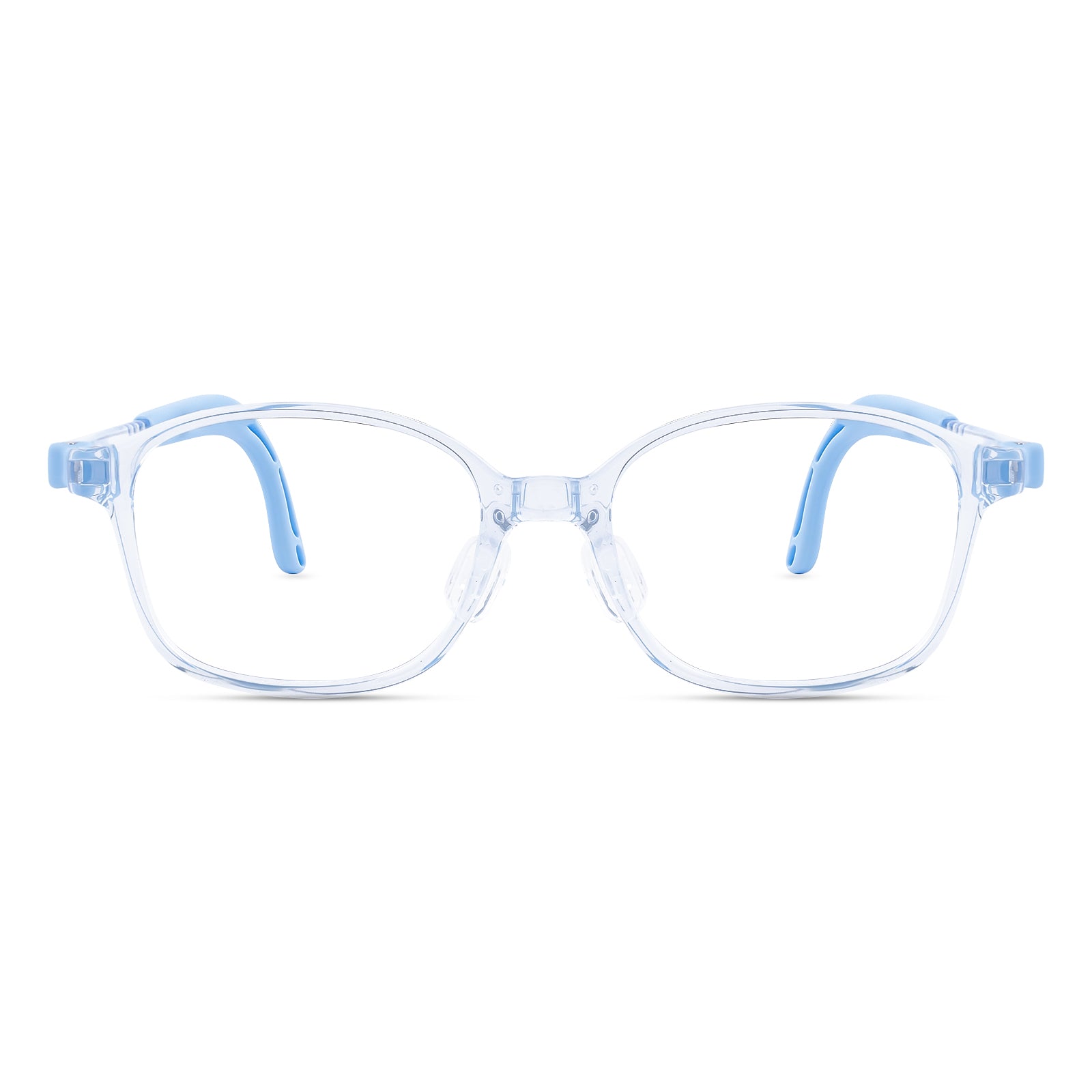 Lulu clear blue kids glasses front frame detail