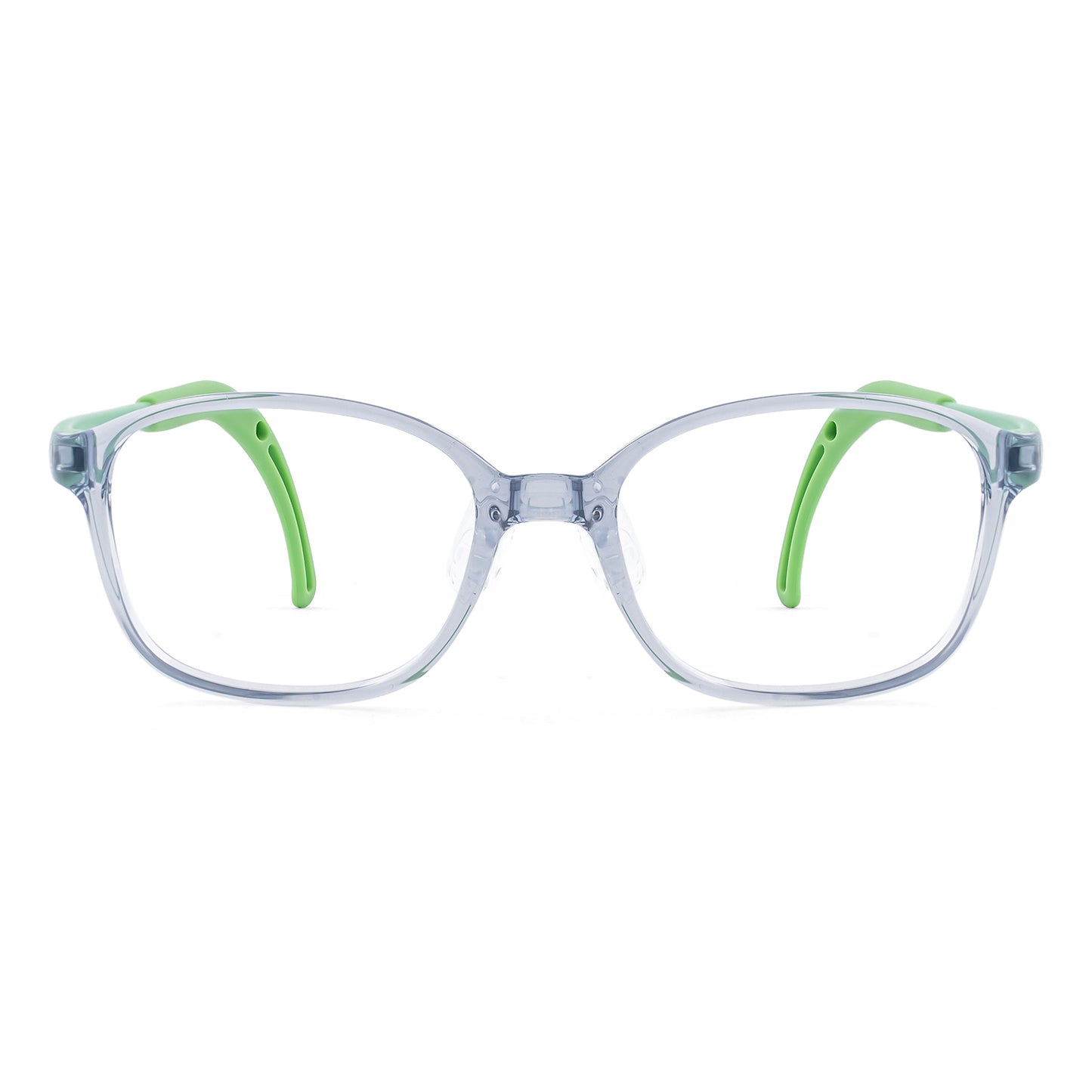 Leo clear green kids glasses front frame detail