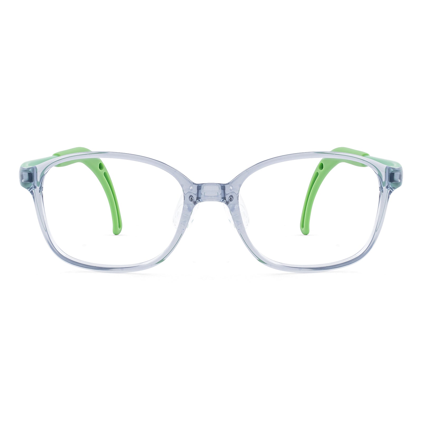 Leo clear green kids glasses front frame detail