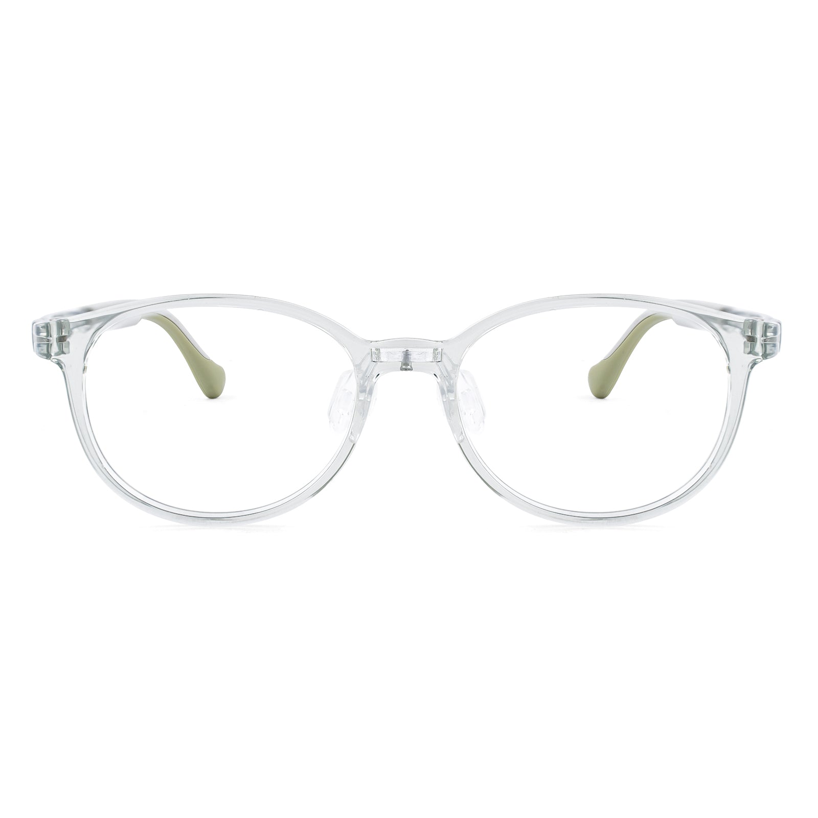 Theo clear green kids glasses front frame detail