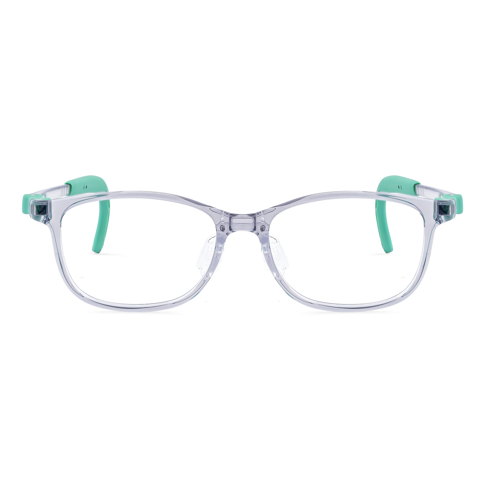 Luna clear green kids glasses front frame detail
